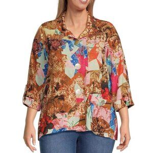 Ali Miles Womens Plus  Size 1X Abstract Artsy Print Button Front Tunic Top NEW